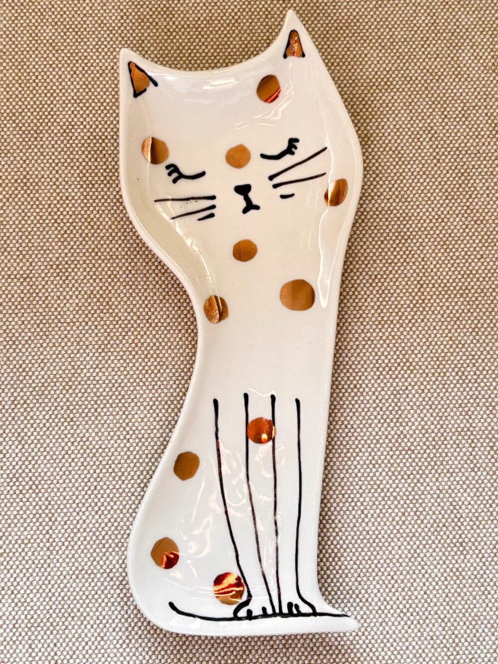 Anthropologie Ceramic Cat Spoon Rest Dish Holder White with Gold Spots